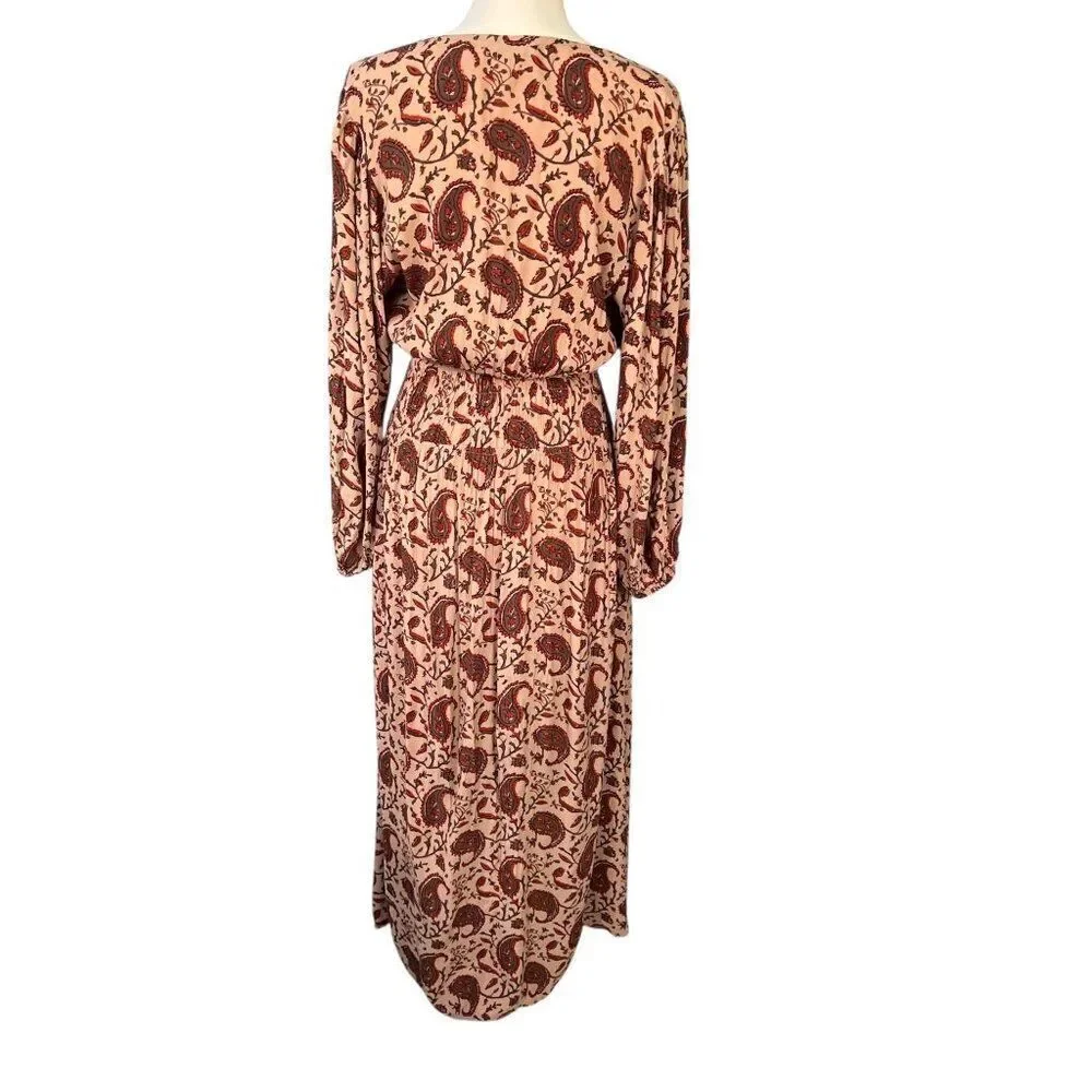 Anthropologie Lusana Paisley Printed Long Sleeve Slit Front Maxi Dress Size Med